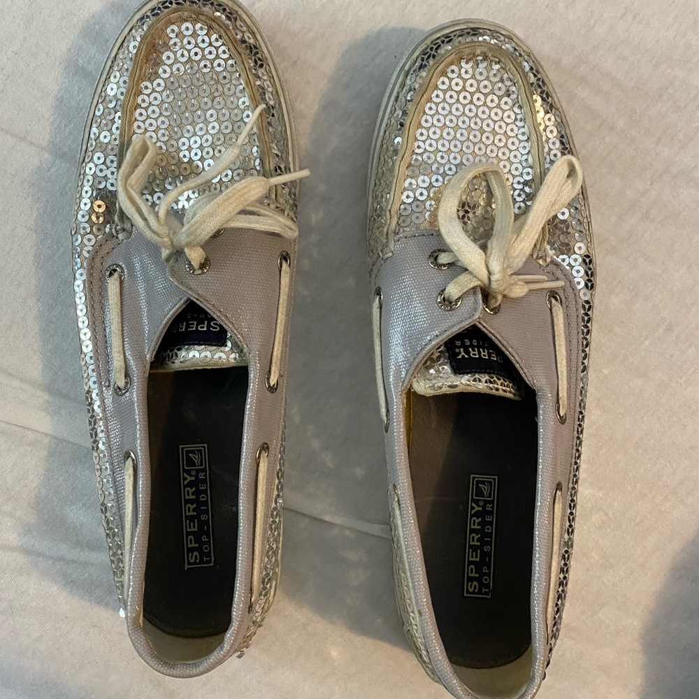 4 for 20 / Sequin silver sperrys boat shoes!